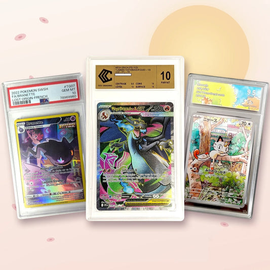Trois cartes Pokémon gradées : Méga-Dracaufeu X ex (CCC 10), Branette (PSA 10) et Miaouss (Collect Aura 9,5)