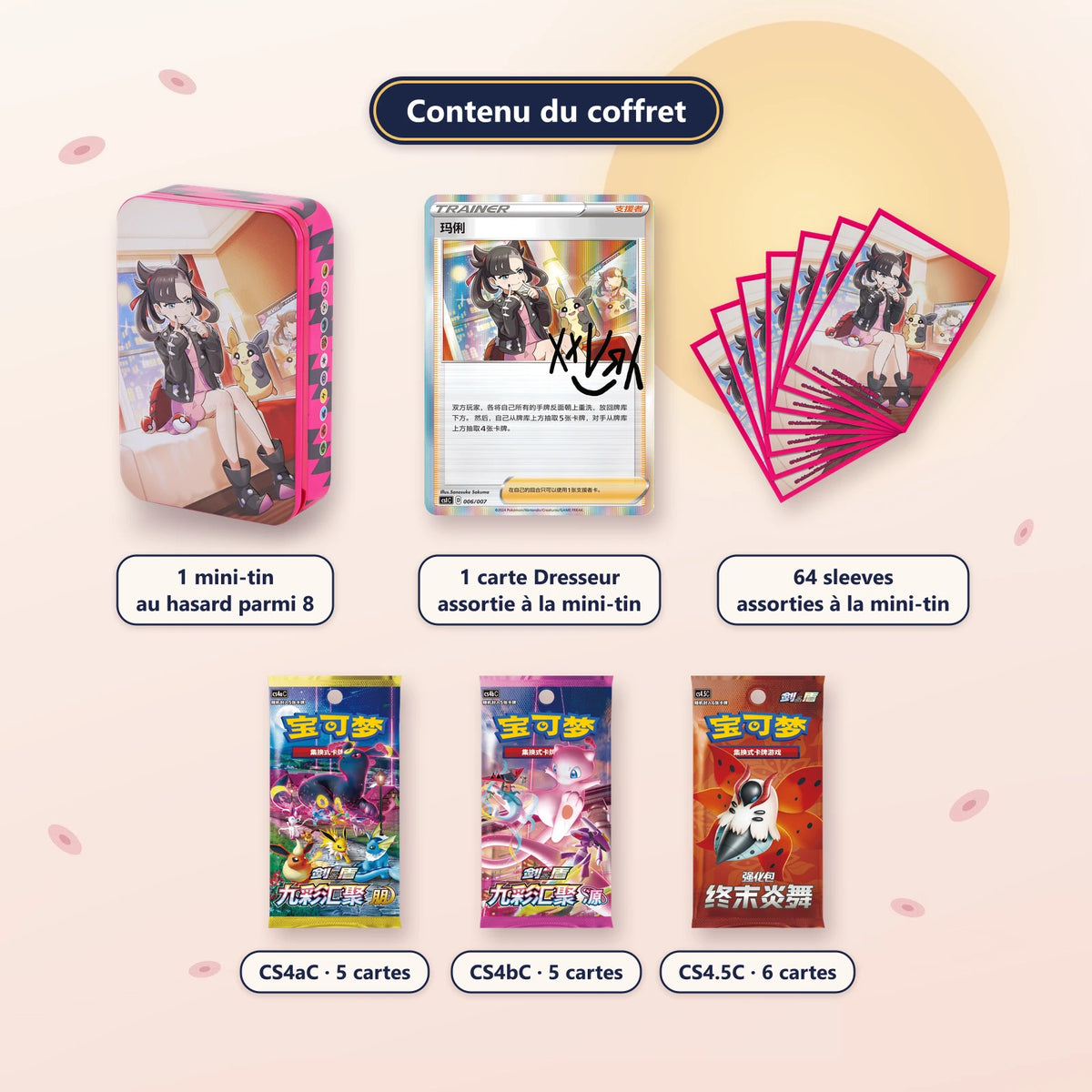 Coffret mini-tin Rosemary : contenu, 1 mini-tin, 1 carte Dresseur, 64 sleeves et 3 boosters CS4aC, CS4bC, CS4.5C