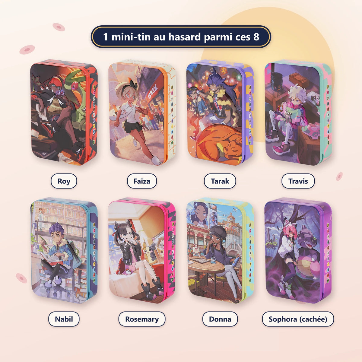 Coffret mini-tin Rosemary : les 8 mini-tins possibles, Roy, Faïza, Tarak, Travis, Nabil, Rosemary, Donna, Sophora