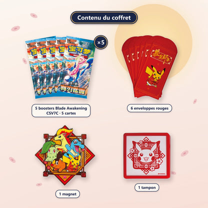 Coffret Nouvel An Pokémon 2026 : contenu, 5 boosters Blade Awakening CSV7C, 6 enveloppes rouges, 1 magnet et 1 tampon