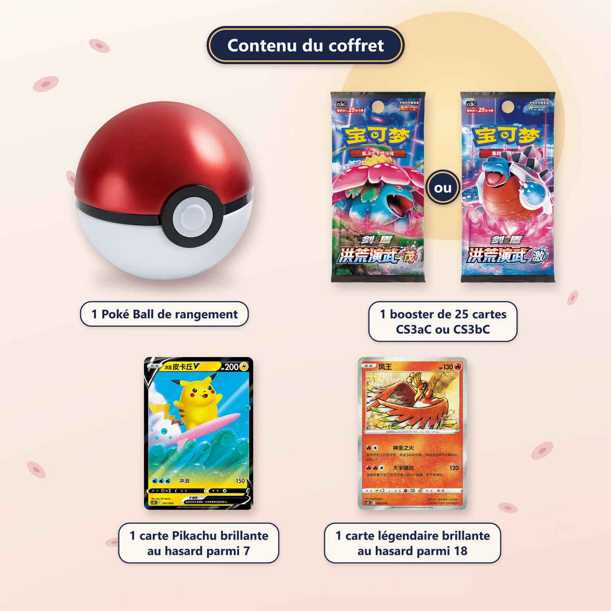 Coffret tin Poké Ball - Célébration Légendaire (CS3aC/CS3bC) : contenu, Poké Ball, 1 booster et 2 cartes au hasard