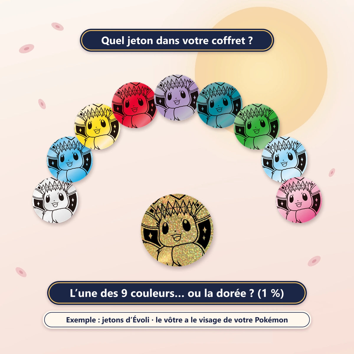 Quel jeton dans votre coffret ? L’une des 9 couleurs ou la dorée (1 %), exemple avec les jetons d’Évoli